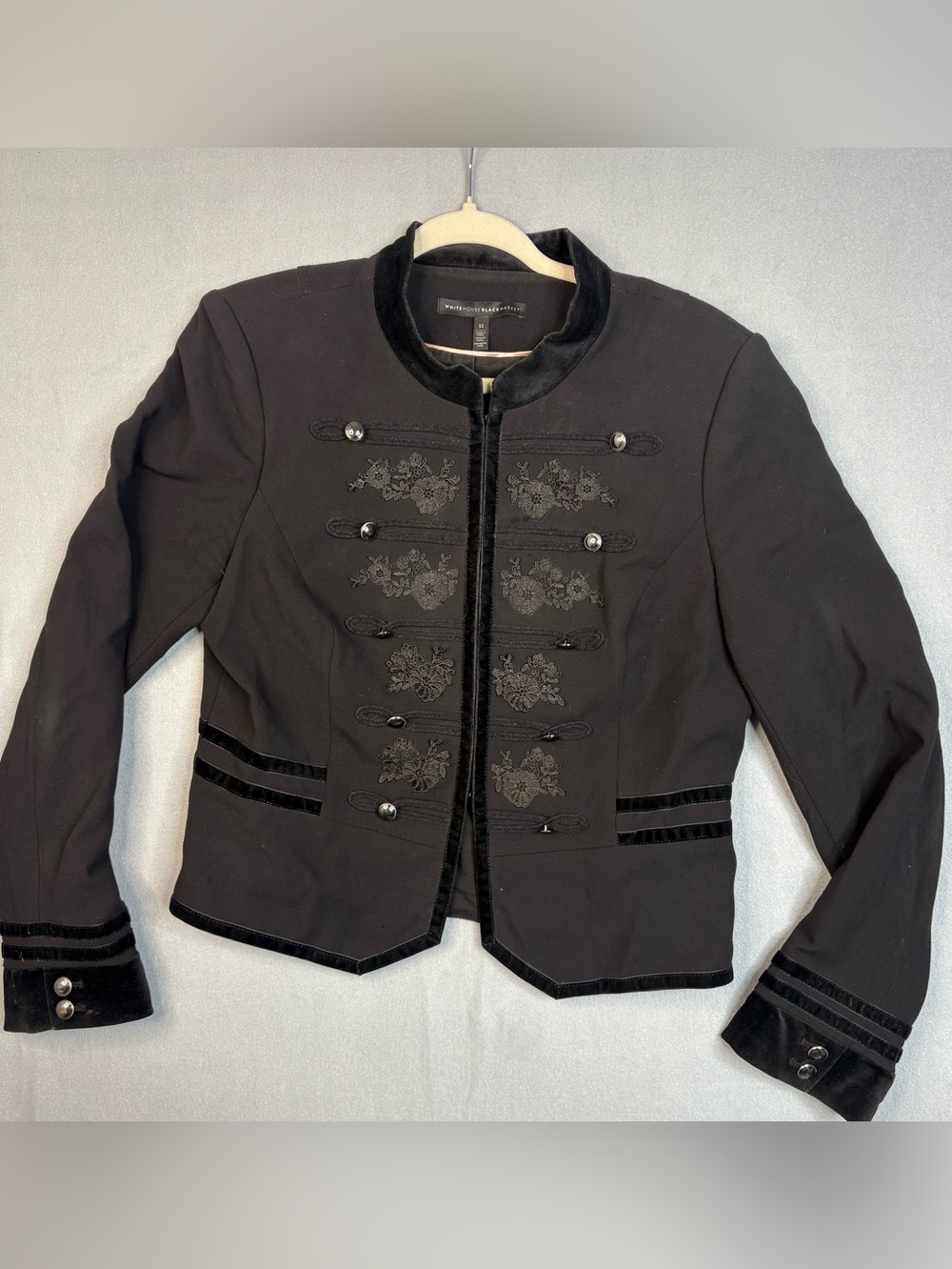 White House Black Market Embroidered Military Jacket Velvet Trim Size 12